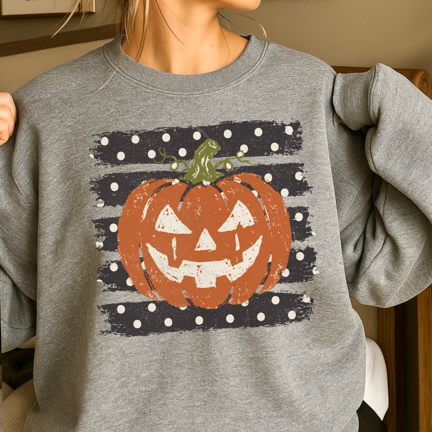 Polka Dot Halloween Pumpkin Crewneck Sweatshirt