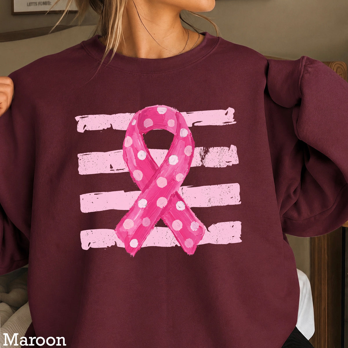 Polka Dot Cancer Awareness Ribbon Crewneck Sweatshirt
