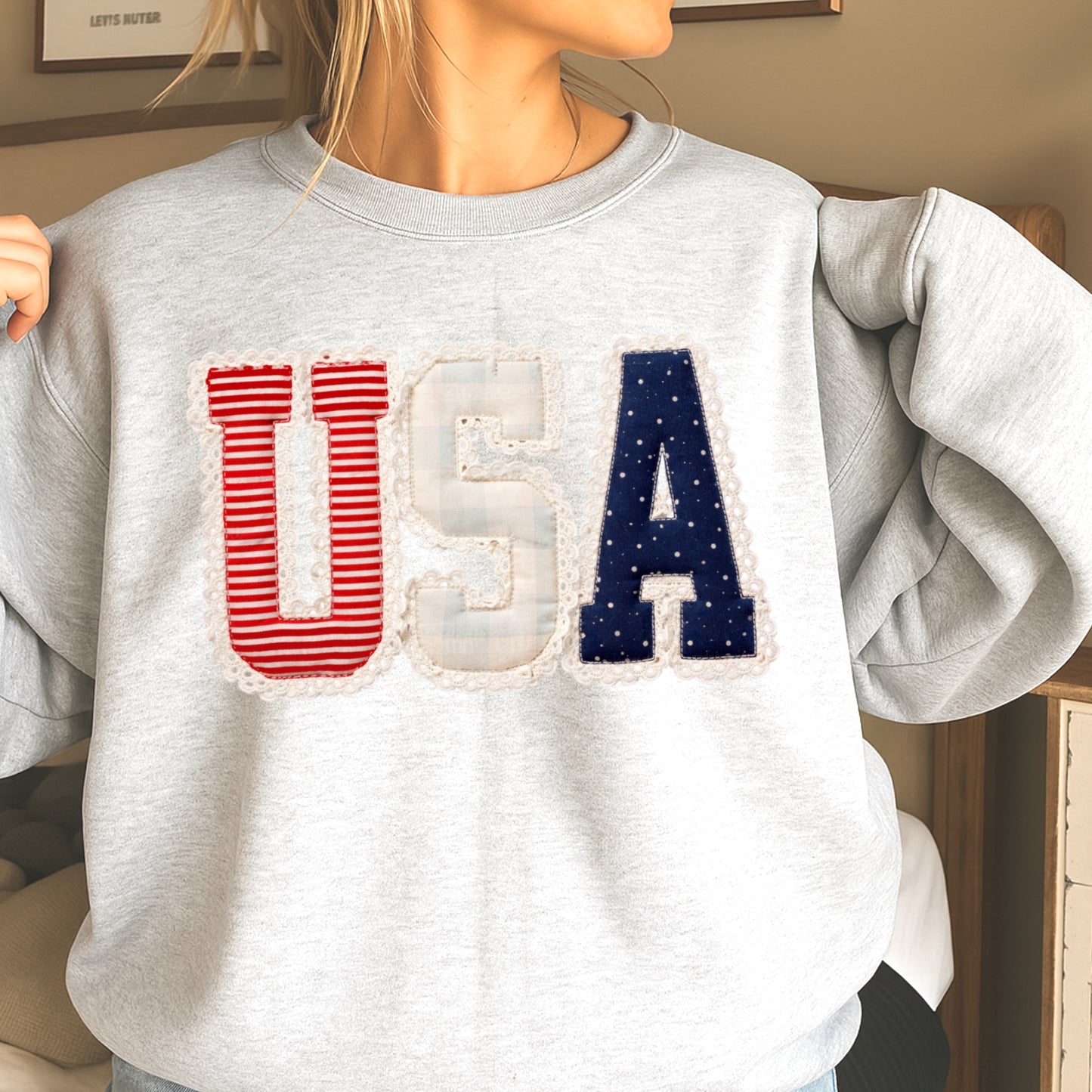 USA Quilted Lace Crewneck Sweatshirt