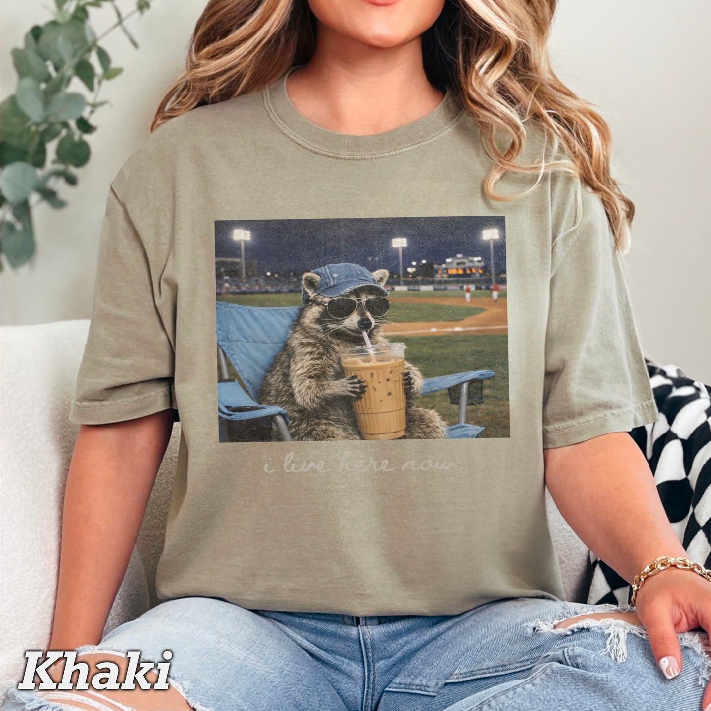I Live Here Now Raccoon Baseball Comfort Color Graphic Tee