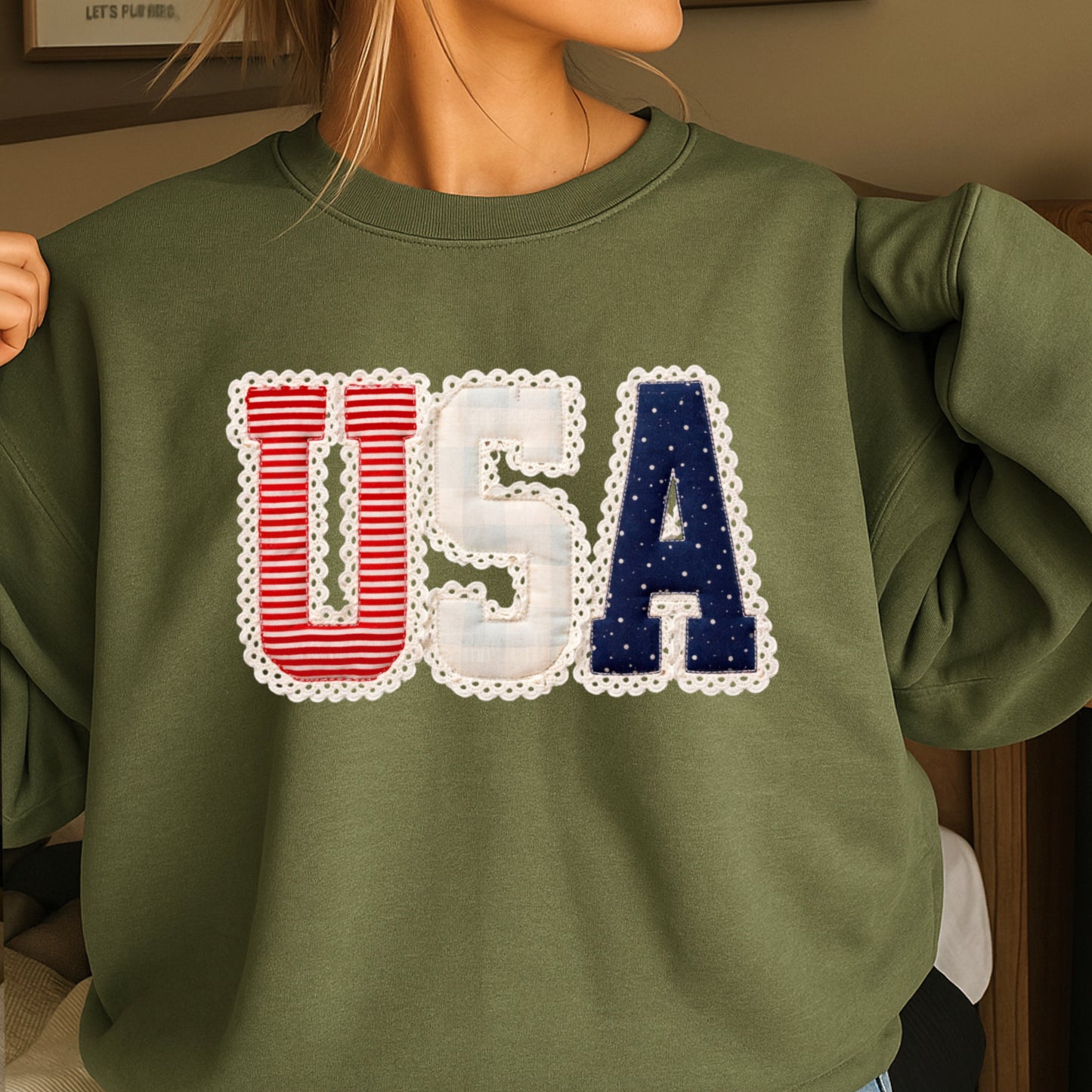 USA Quilted Lace Crewneck Sweatshirt