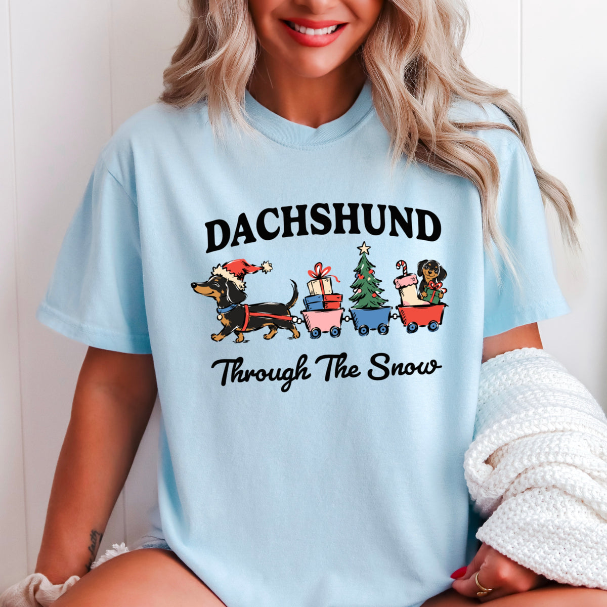 Dachshund Through the Snow Christmas Comfort Color Graphic Tee