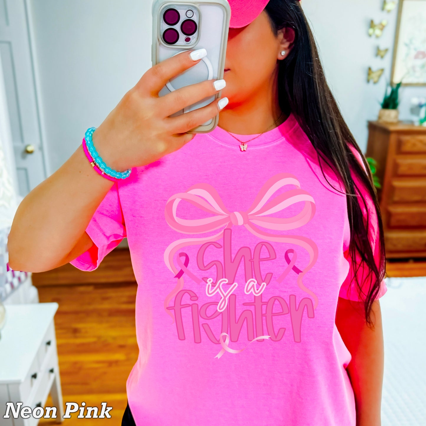 She Is A Fighter Breast Cancer Comfort Color Graphic Tee