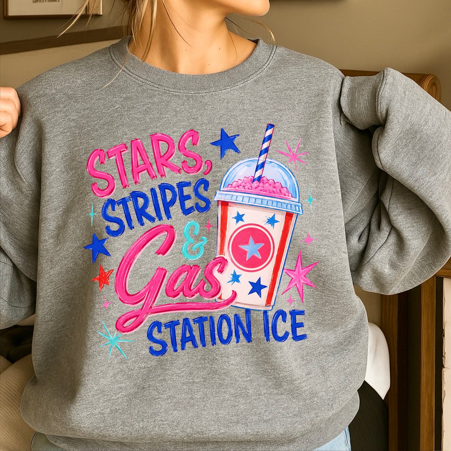 Stars Stripes And Gas Station Ice Crewneck Sweatshirt