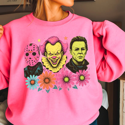 Floral Horror Film Characters Halloween Crewneck Sweatshirt