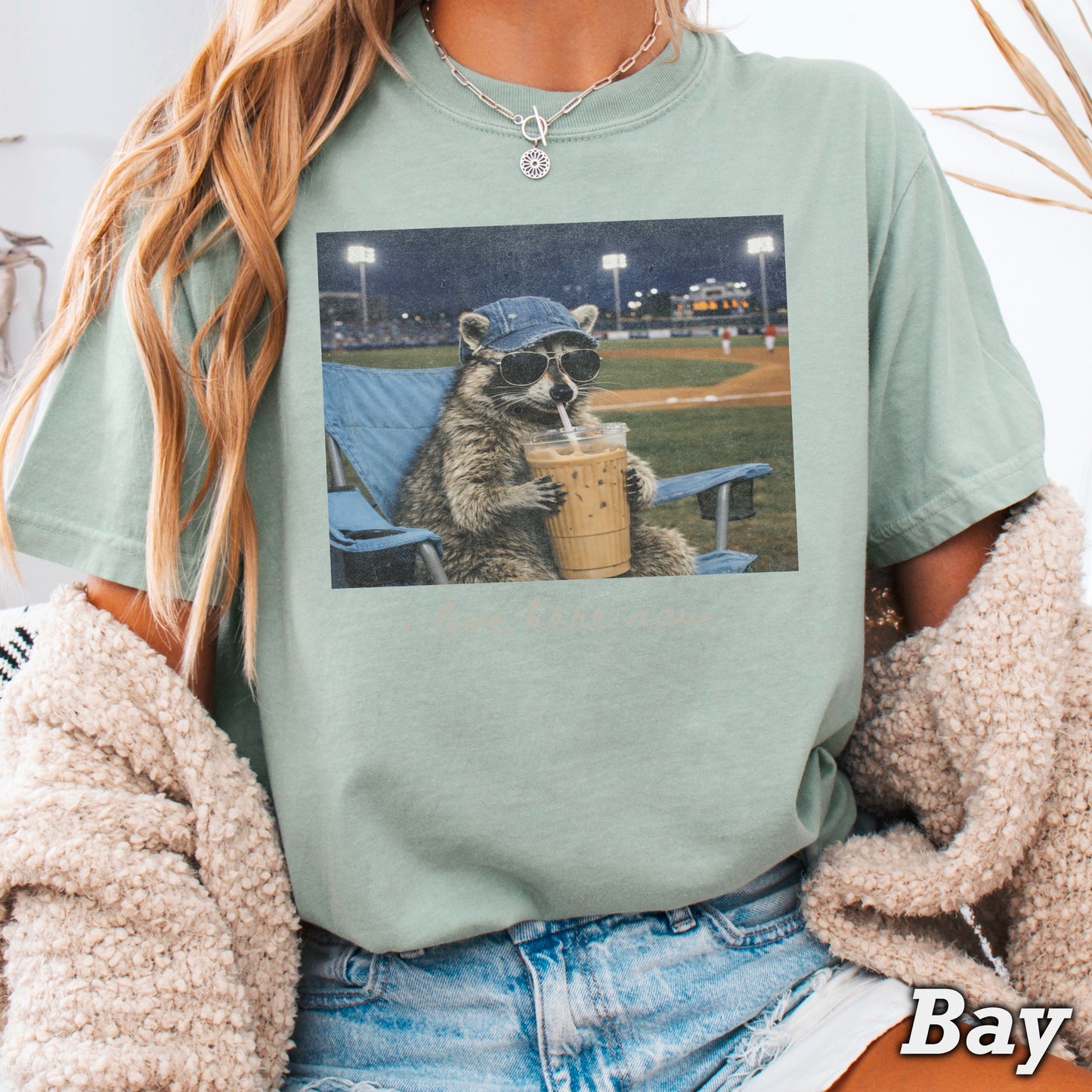I Live Here Now Raccoon Baseball Comfort Color Graphic Tee