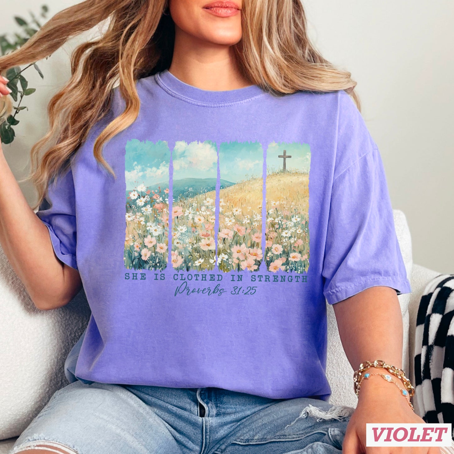 She Is Clothed In Strength Christian Comfort Color Graphic Tee