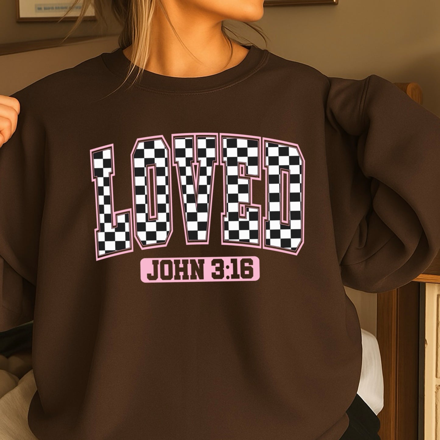 Checkered Loved John 3:16 Valentine’s Day Crewneck Sweatshirt