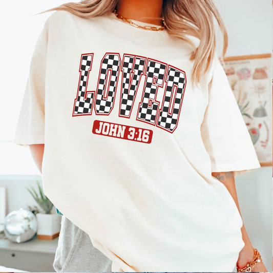 Checkered Loved John 3:16 Valentine’s Day Comfort Color Graphic Tee