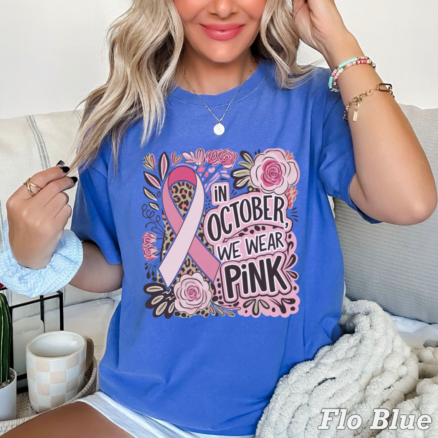 In October We Wear Pink Cancer Comfort Color Graphic Tee