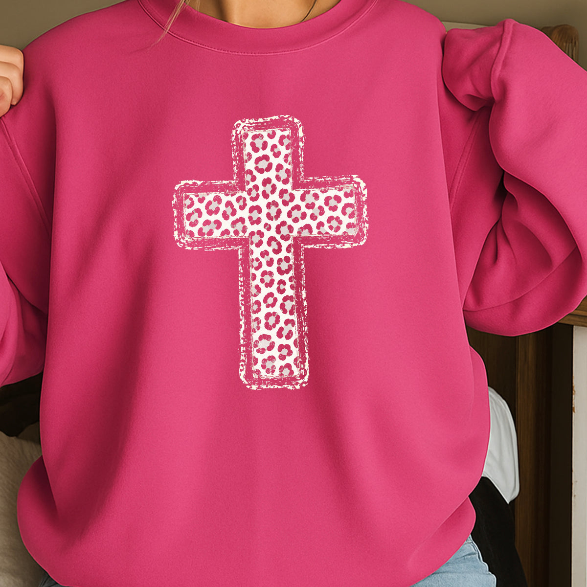 Snow Leopard Cross Christian Crewneck Sweatshirt