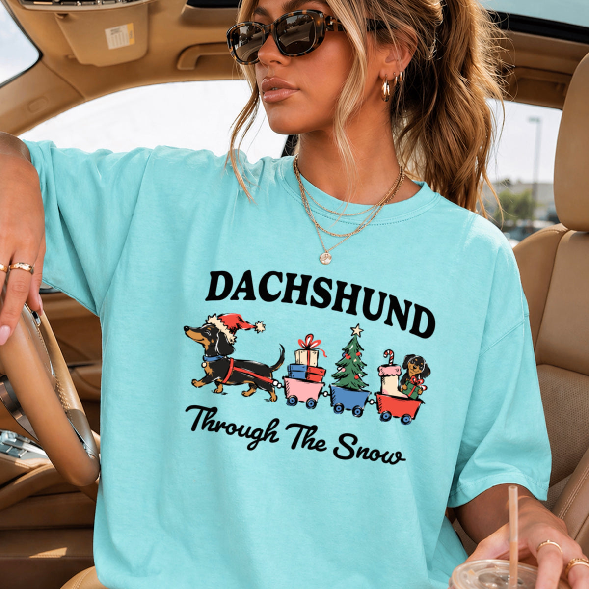 Dachshund Through the Snow Christmas Comfort Color Graphic Tee