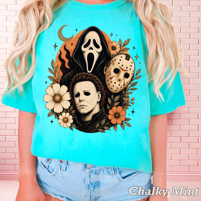 Floral Halloween Characters Comfort Color Graphic Tee