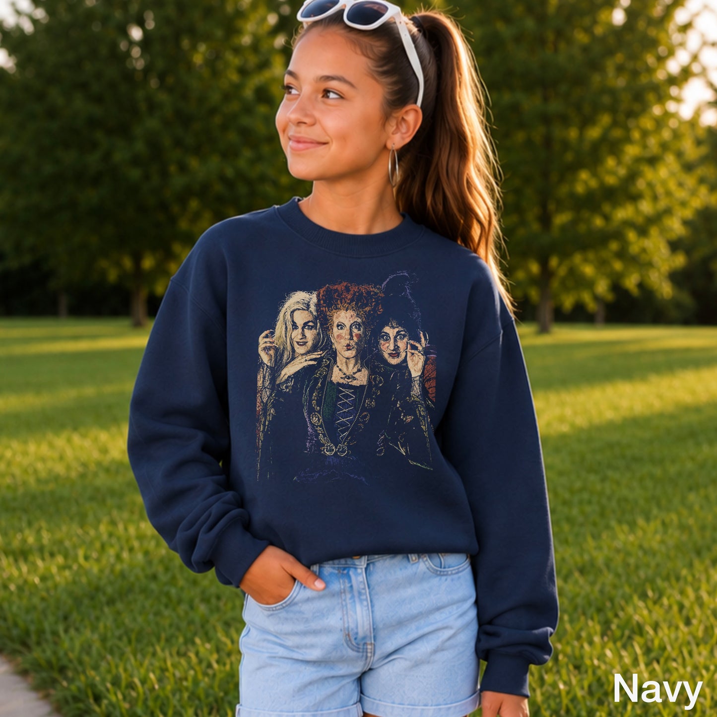Halloween Sisters Halftone Youth Crewneck Sweatshirt