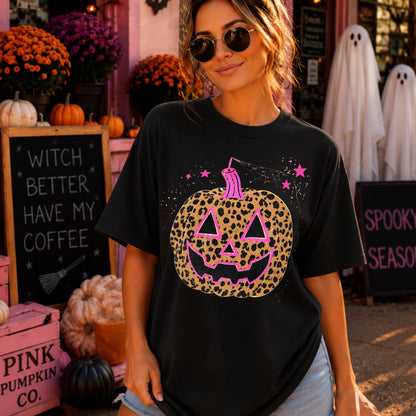 Leopard Pumpkin Halloween Comfort Color Graphic Tee