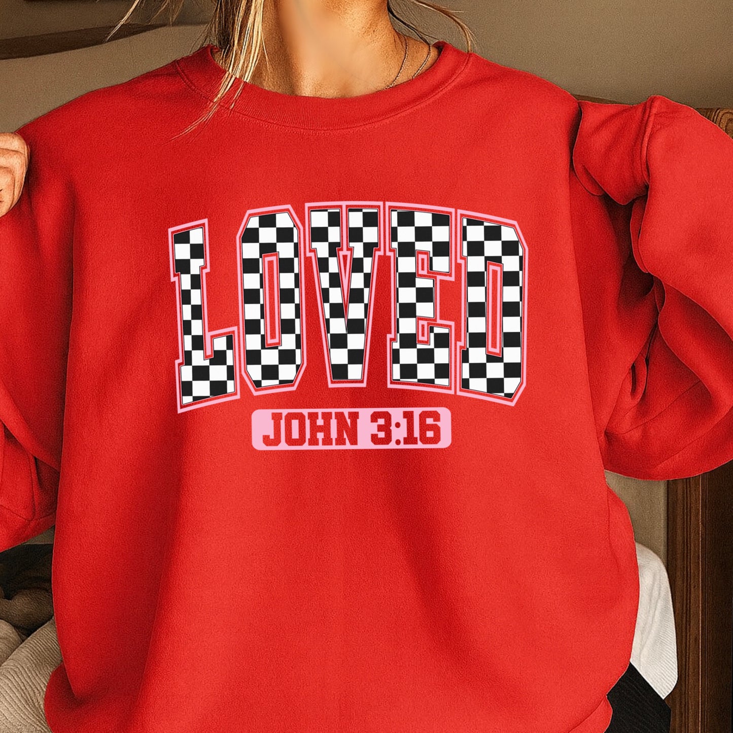 Checkered Loved John 3:16 Valentine’s Day Crewneck Sweatshirt