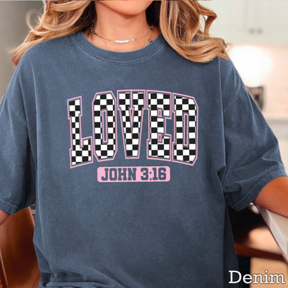 Checkered Loved John 3:16 Valentine’s Day Comfort Color Graphic Tee