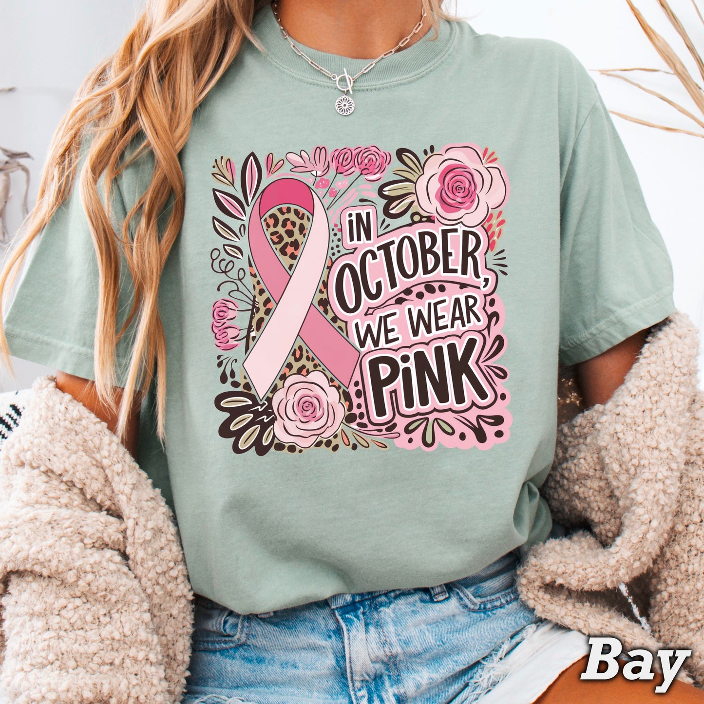In October We Wear Pink Cancer Comfort Color Graphic Tee
