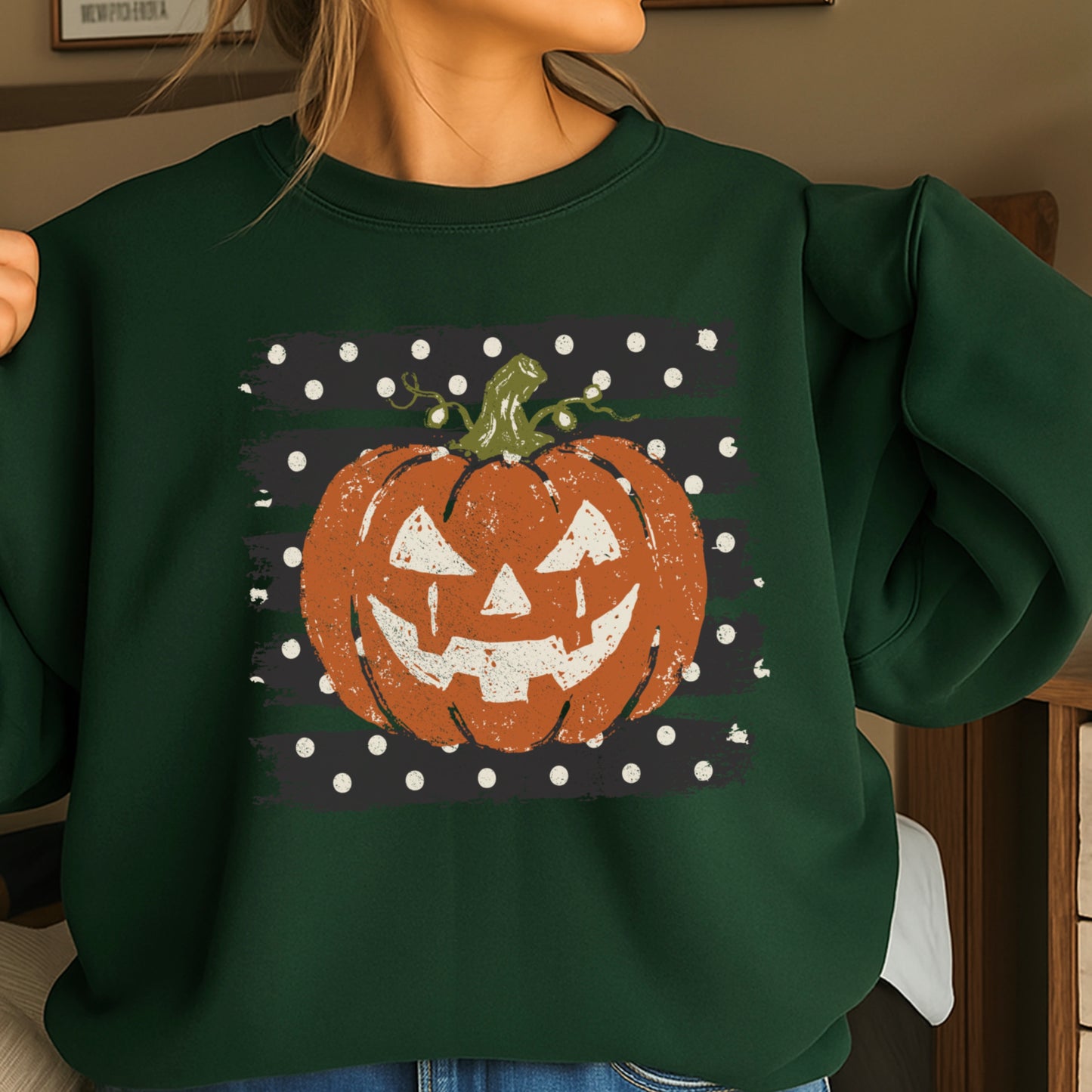 Polka Dot Halloween Pumpkin Crewneck Sweatshirt