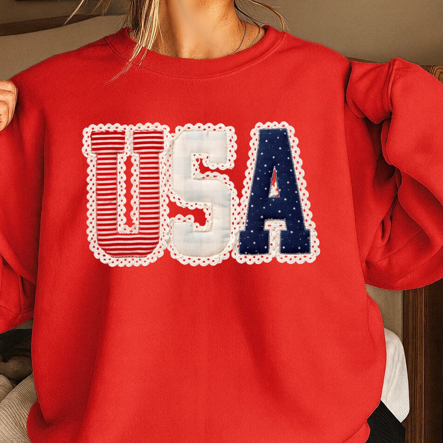 USA Quilted Lace Crewneck Sweatshirt
