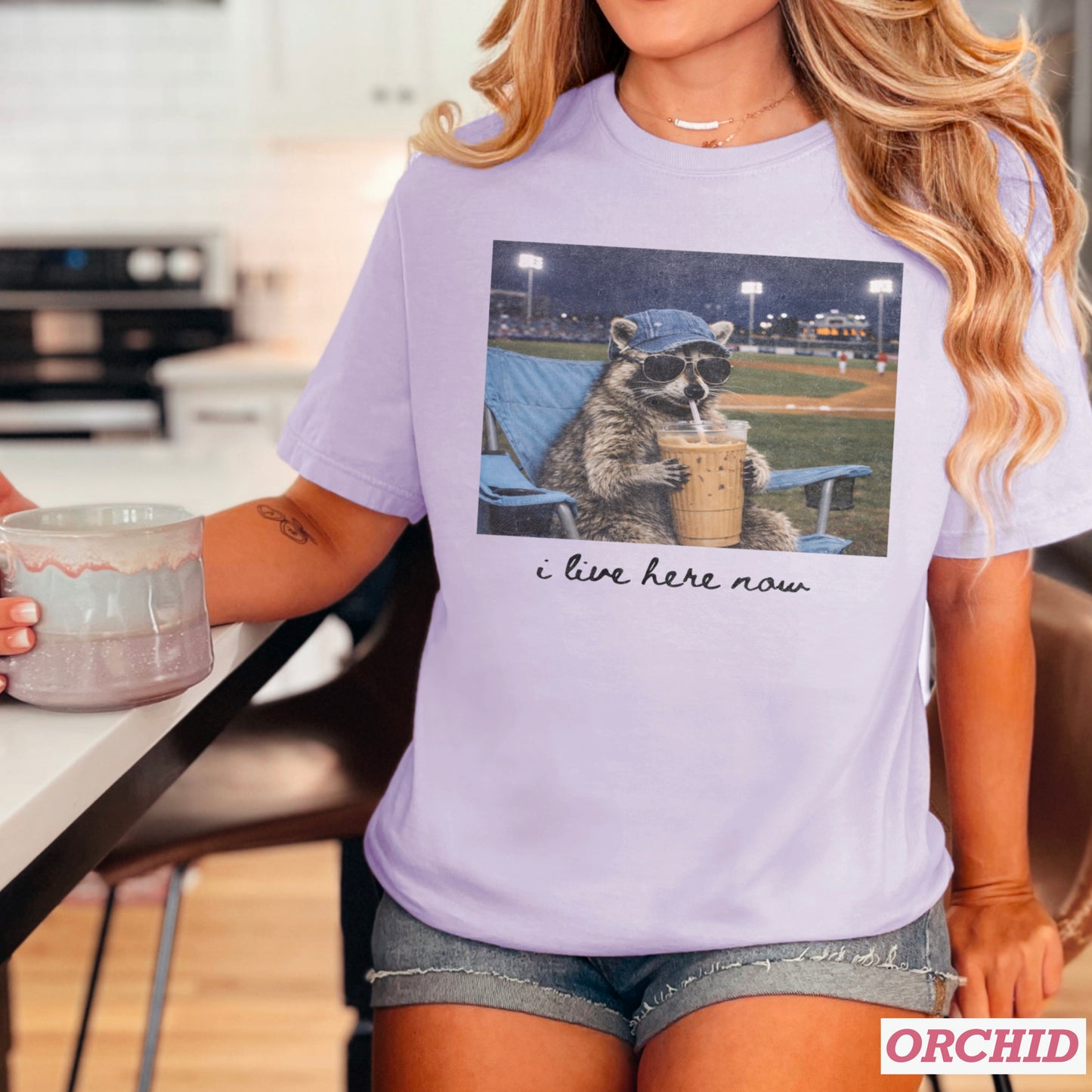 I Live Here Now Raccoon Baseball Comfort Color Graphic Tee