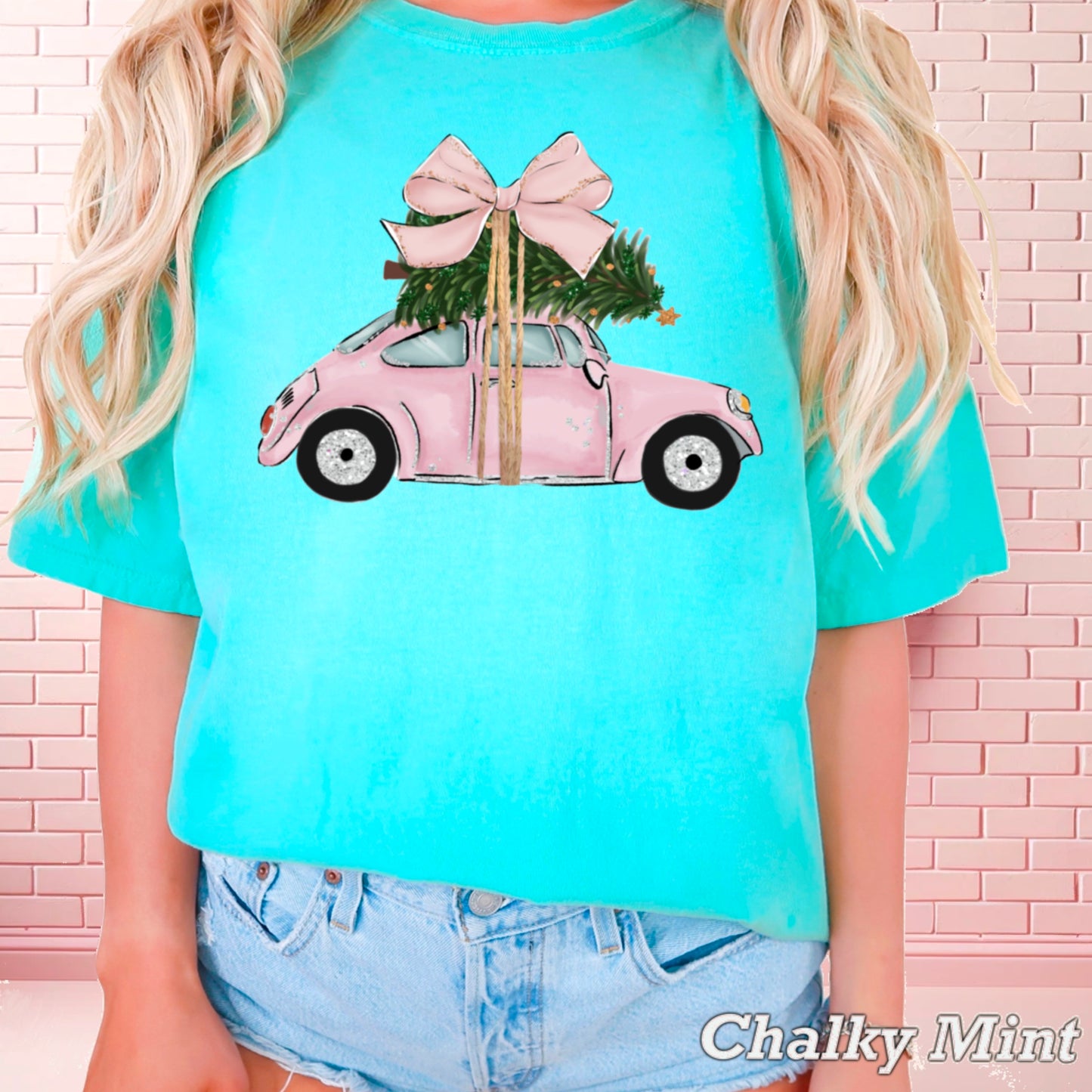 Pink Christmas Car Comfort Color Graphic Tee