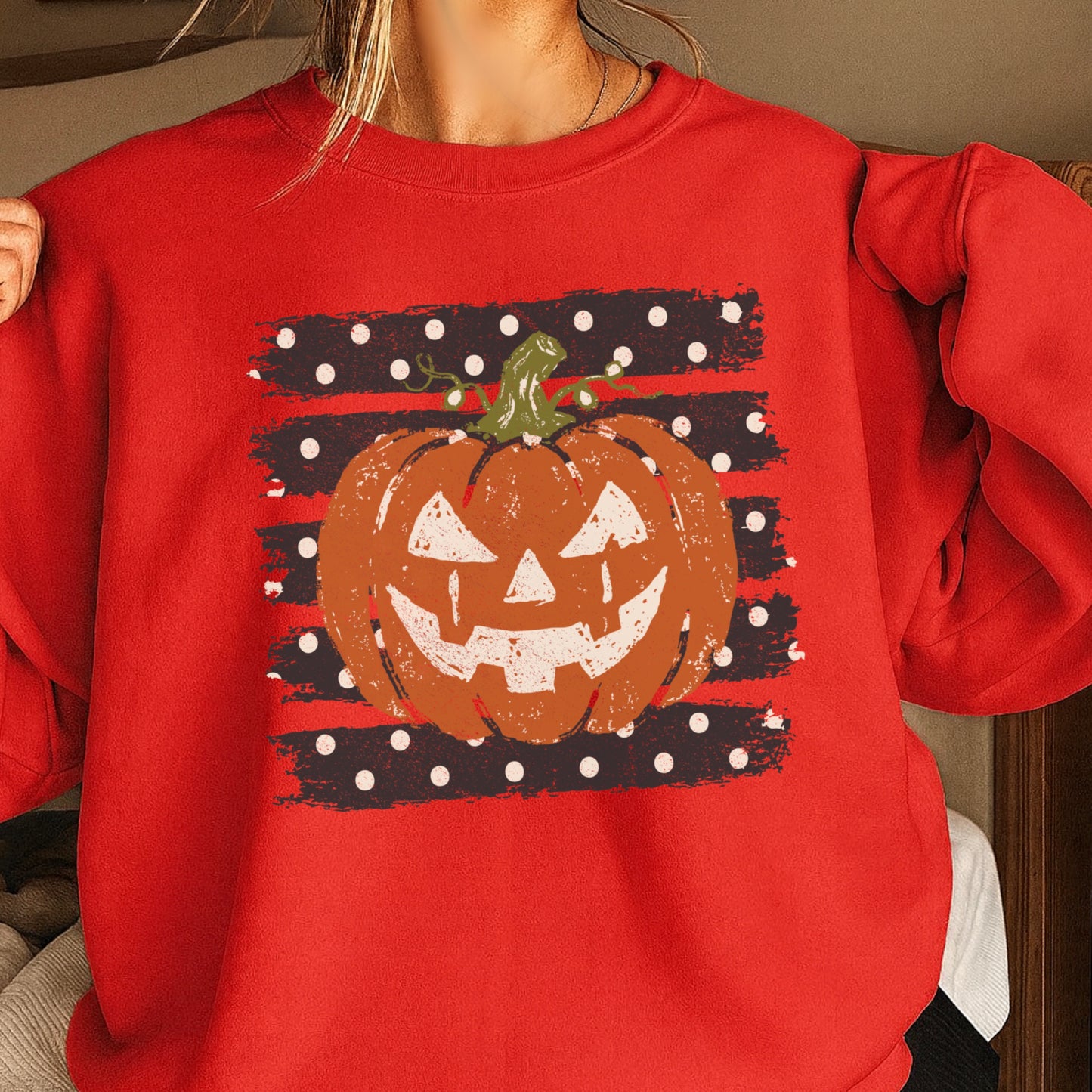 Polka Dot Halloween Pumpkin Crewneck Sweatshirt