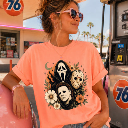 Floral Halloween Characters Comfort Color Graphic Tee