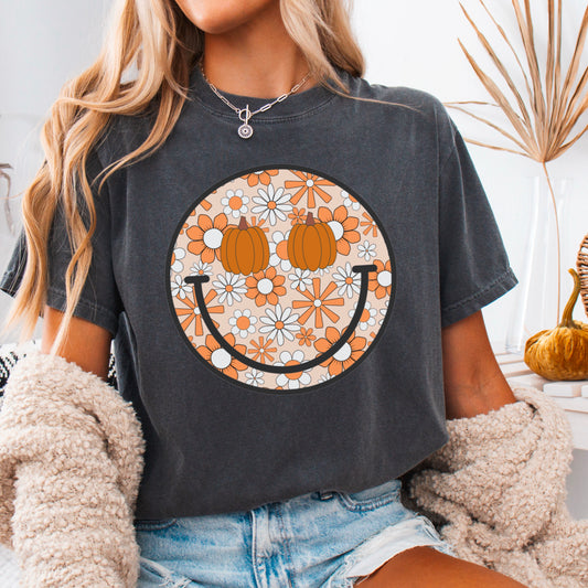 Floral Pumpkin Face Comfort Color Graphic Tee