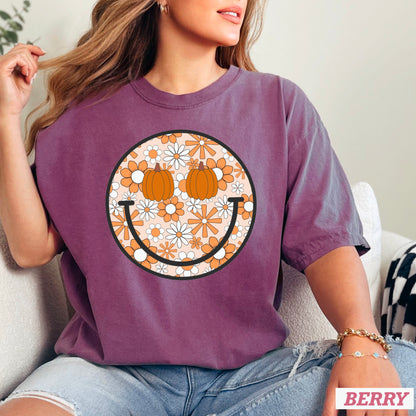 Floral Pumpkin Face Comfort Color Graphic Tee