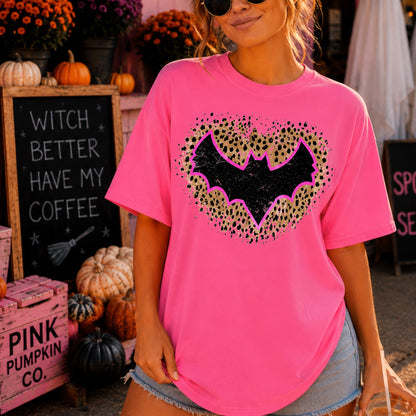 Leopard Bat Halloween Comfort Color Graphic Tee