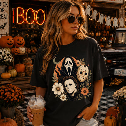 Floral Halloween Characters Comfort Color Graphic Tee