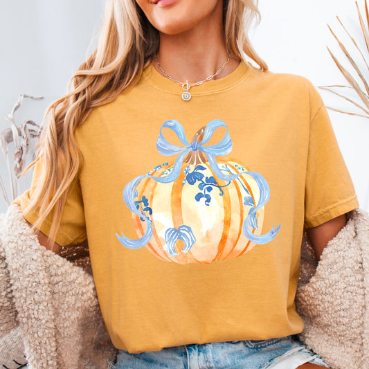Blue Coquette Bow Fall Pumpkin  DTF Transfer