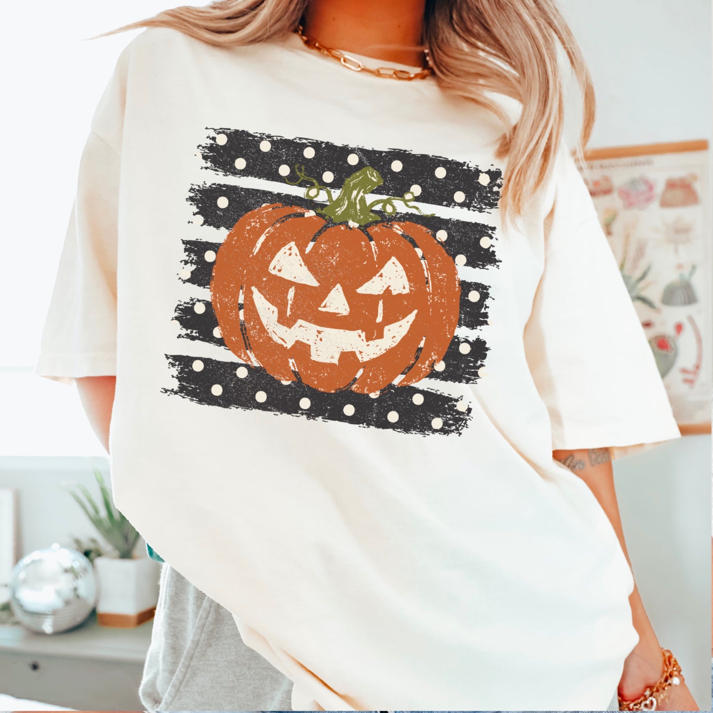 Polka Dot Pumpkin Halloween Comfort Color Graphic Tee