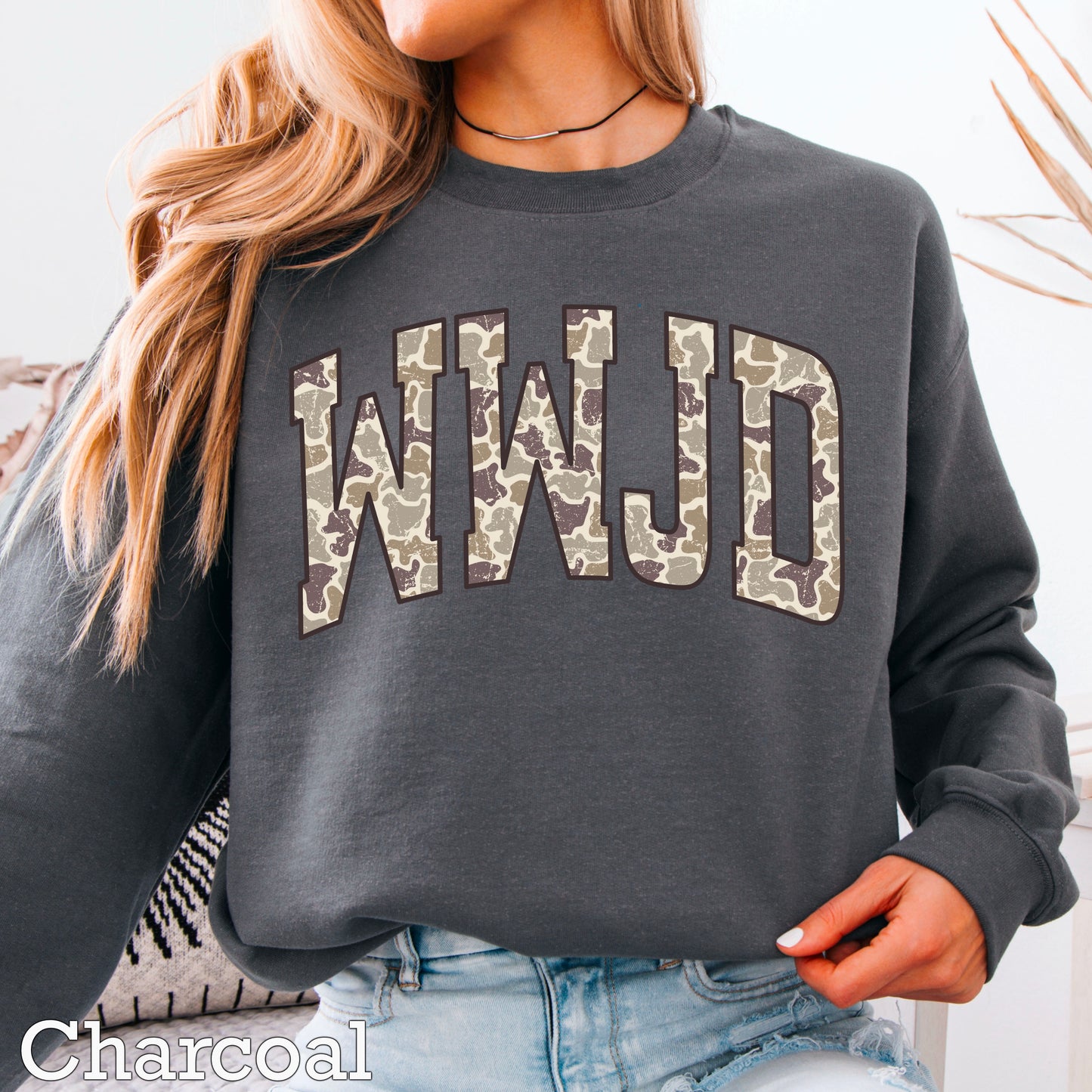 WWJD Camo Christian Graphic Crewneck Sweatshirt