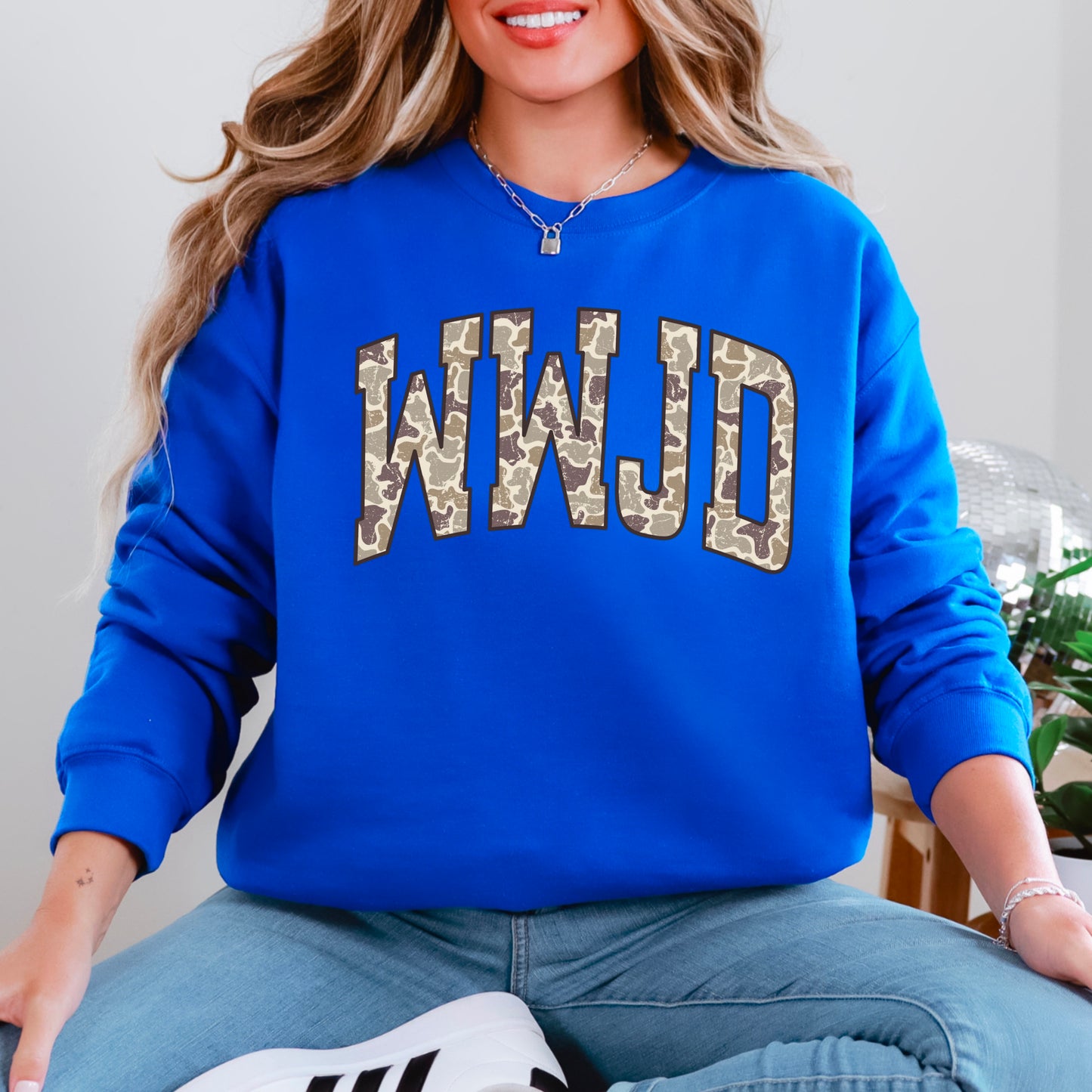 WWJD Camo Christian Graphic Crewneck Sweatshirt