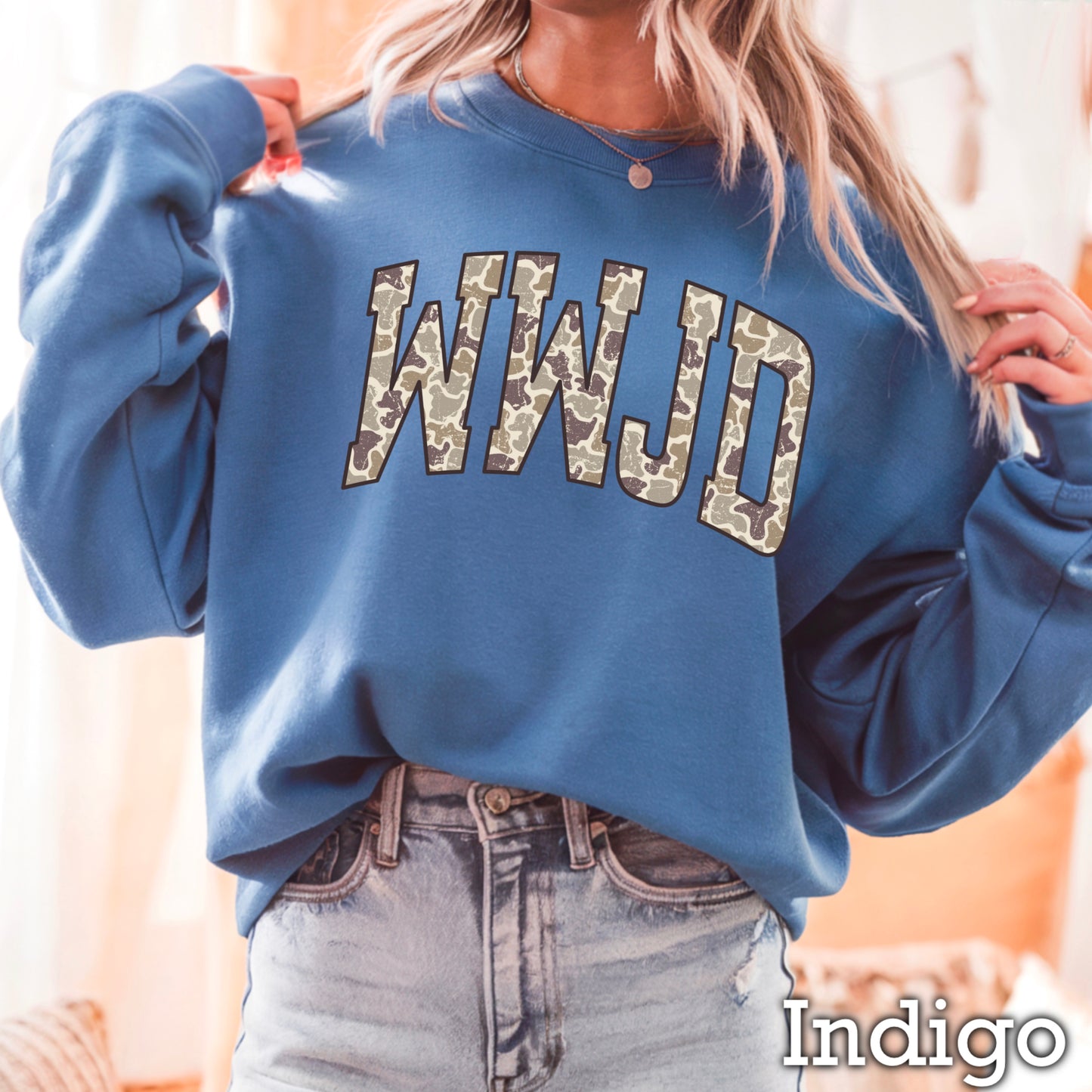 WWJD Camo Christian Graphic Crewneck Sweatshirt