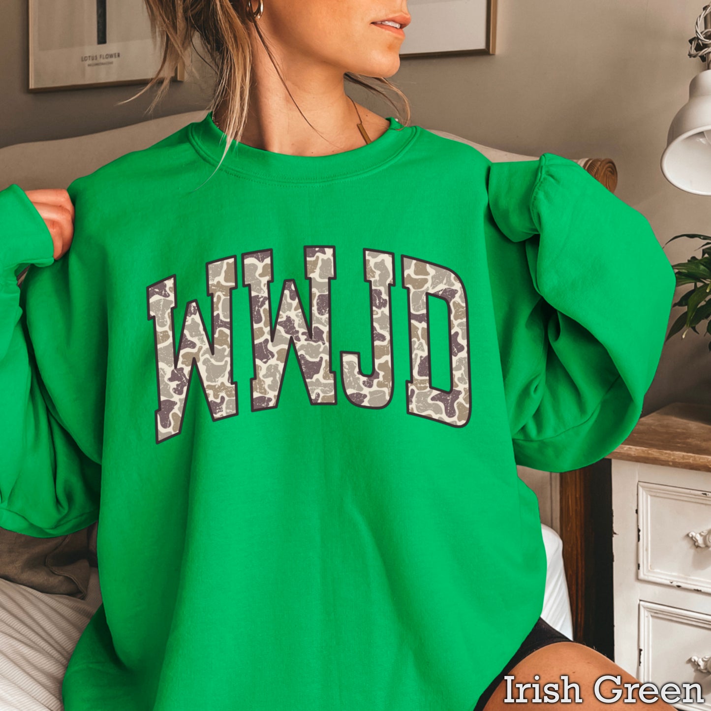 WWJD Camo Christian Graphic Crewneck Sweatshirt