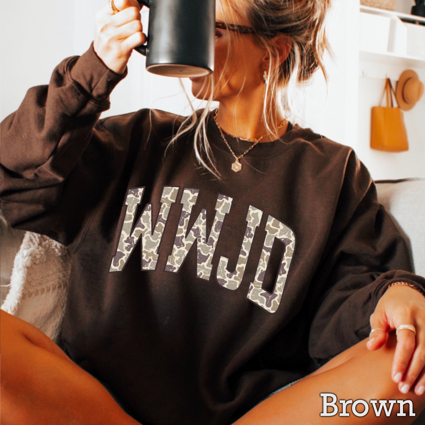 WWJD Camo Christian Graphic Crewneck Sweatshirt
