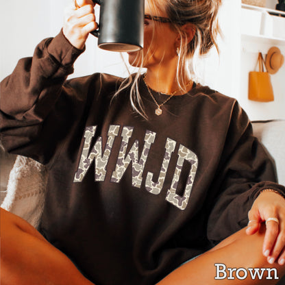 WWJD Camo Christian Graphic Crewneck Sweatshirt