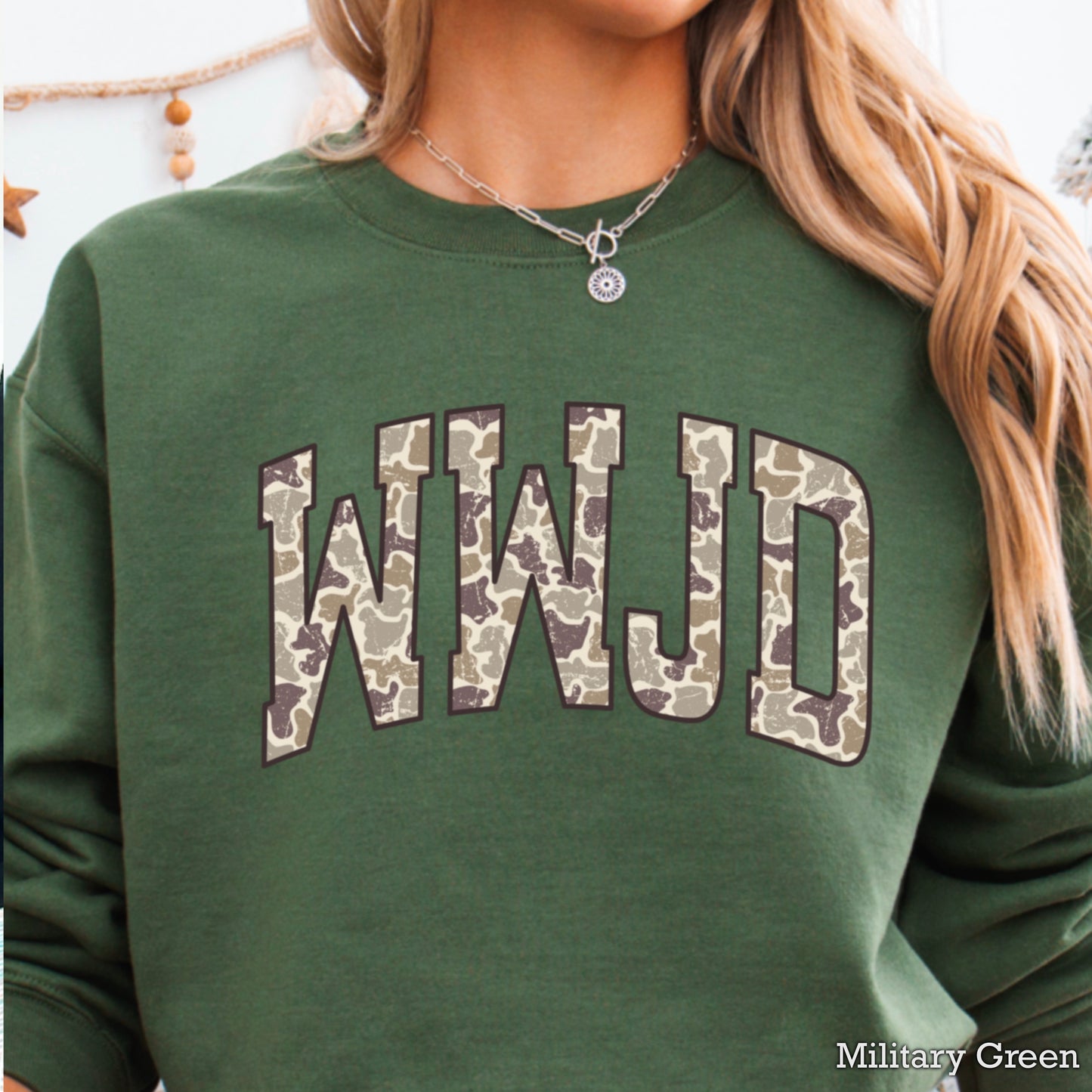WWJD Camo Christian Graphic Crewneck Sweatshirt