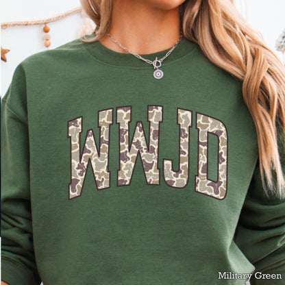 WWJD Camo Christian Graphic Crewneck Sweatshirt