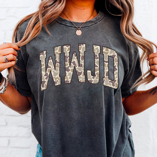 WWJD Camo Christian Comfort Color Graphic Tee