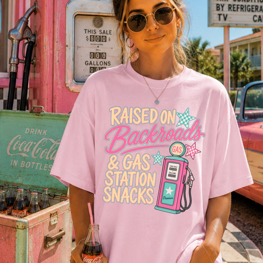 Raised On Backroads & Gas Station Snacks Comfort Color Graphic Tee