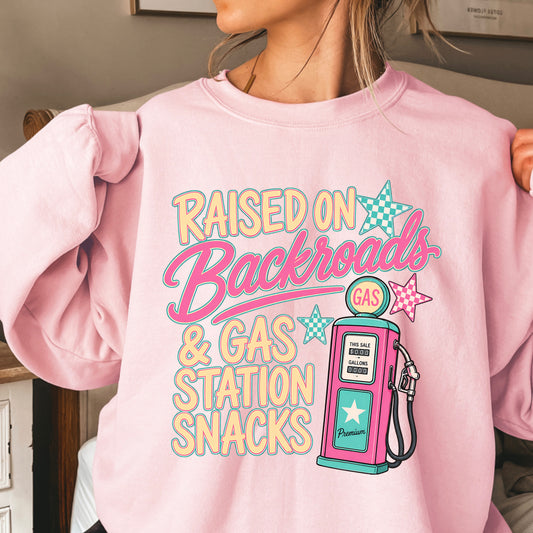 Raised On Backroads & Gas Station Snacks Crewneck Sweatshirt