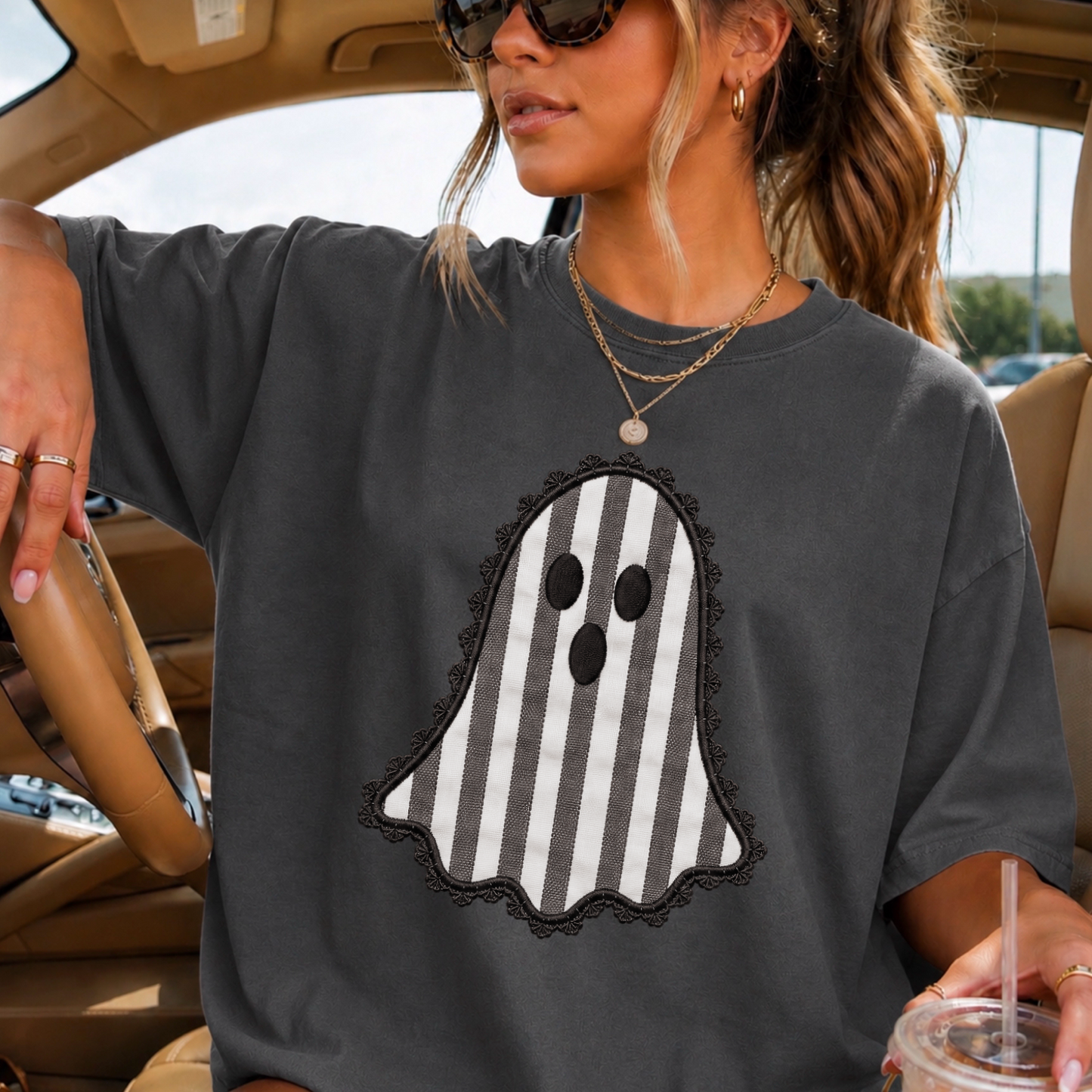 Lace Ghost Halloween Comfort Color Graphic Tee