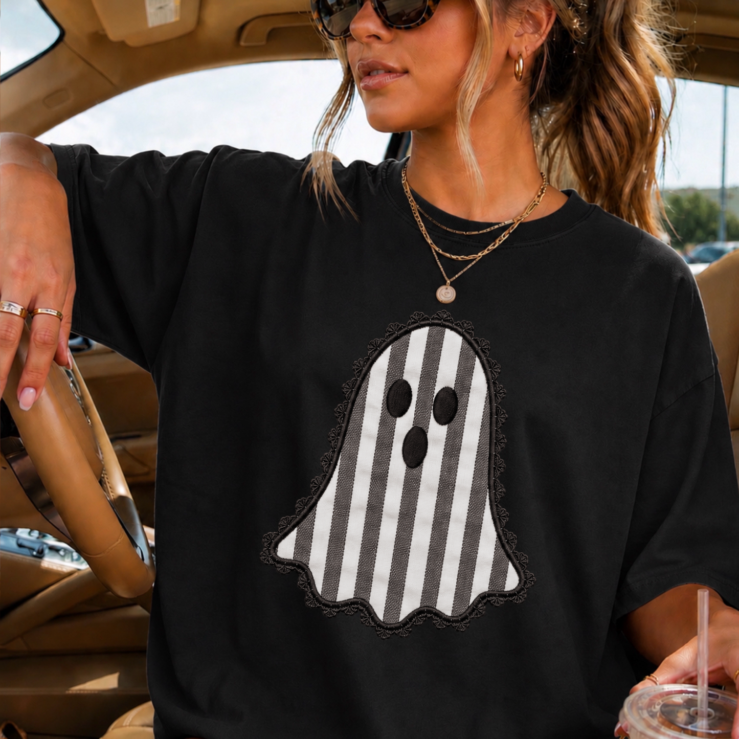 Lace Ghost Halloween Comfort Color Graphic Tee