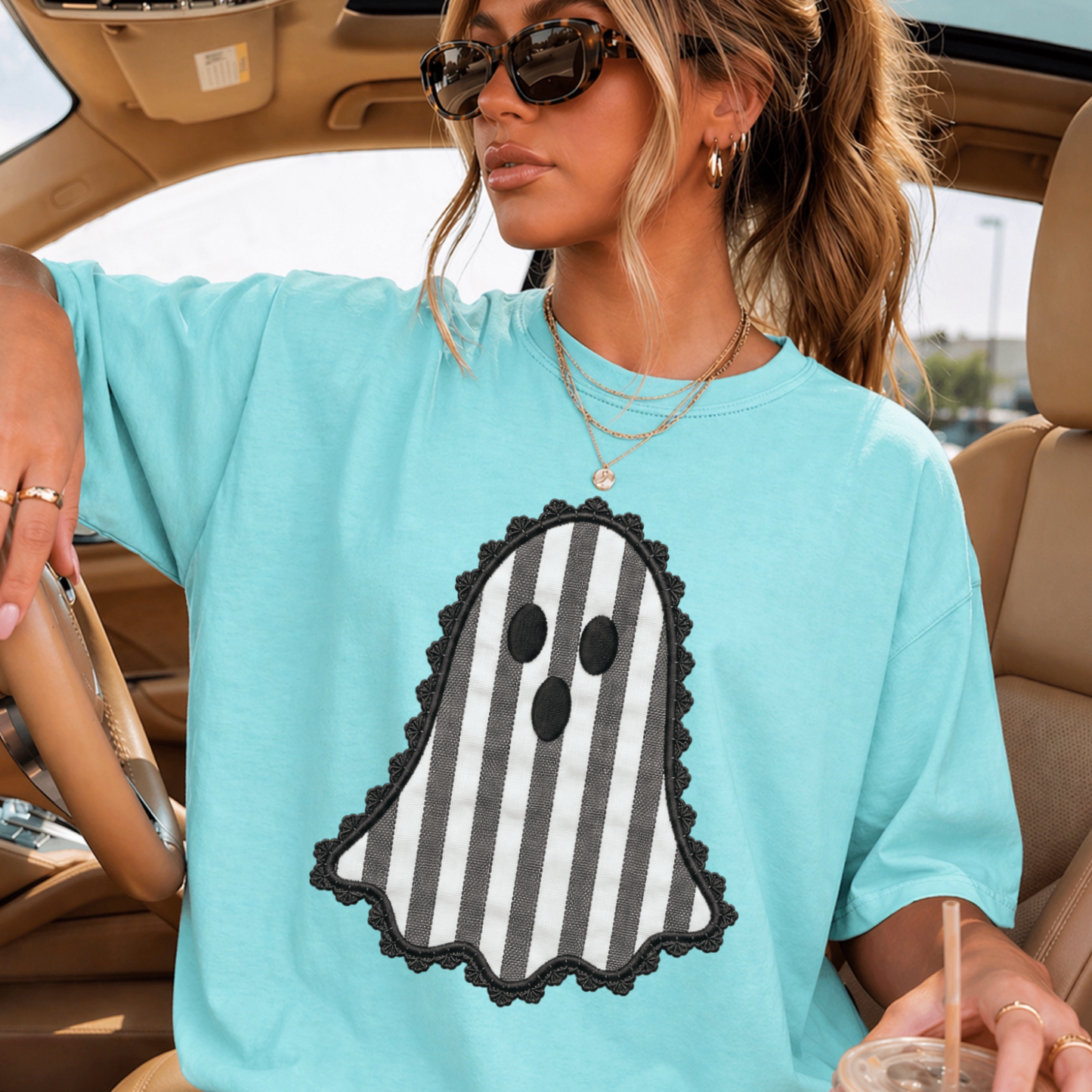Lace Ghost Halloween Comfort Color Graphic Tee