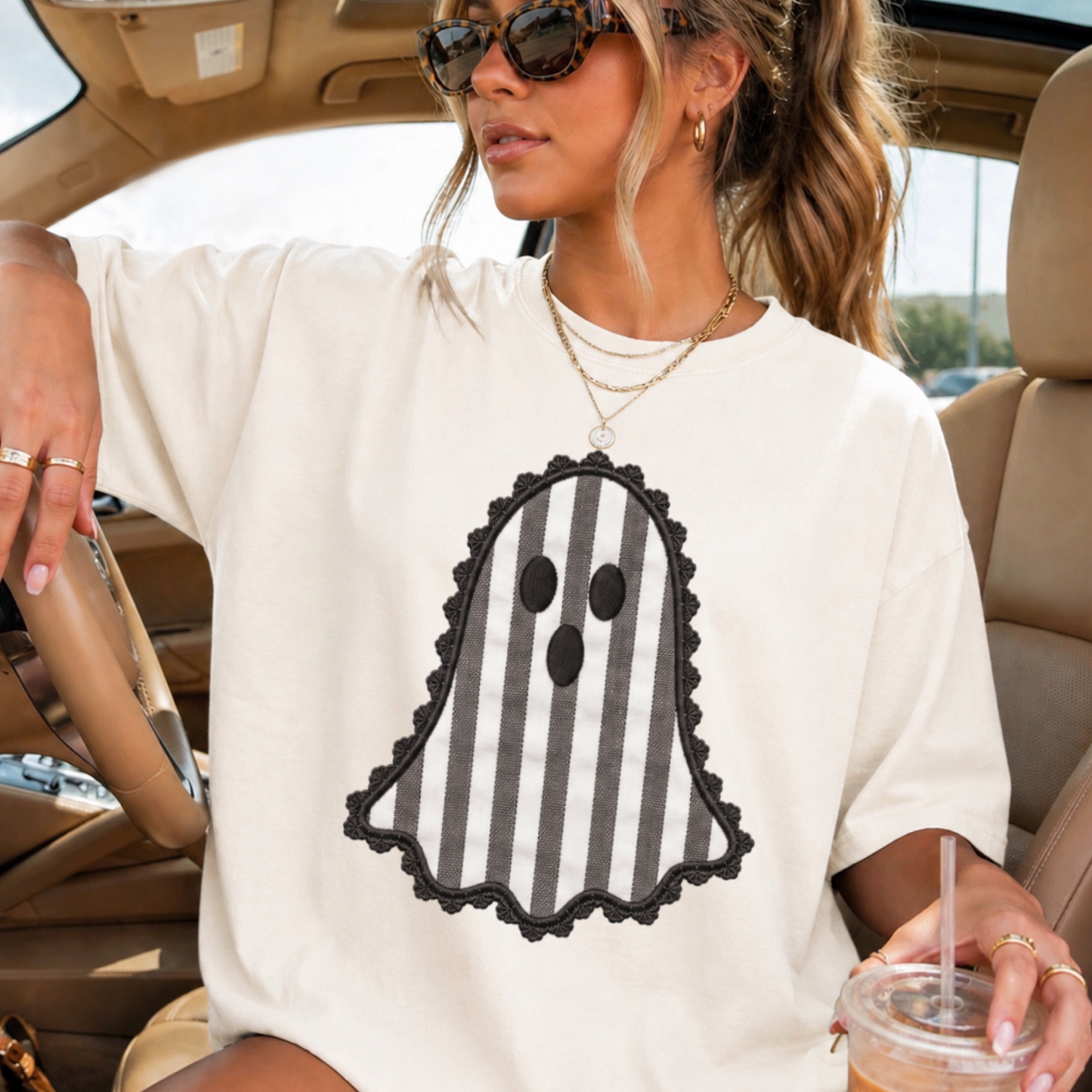Lace Ghost Halloween Comfort Color Graphic Tee