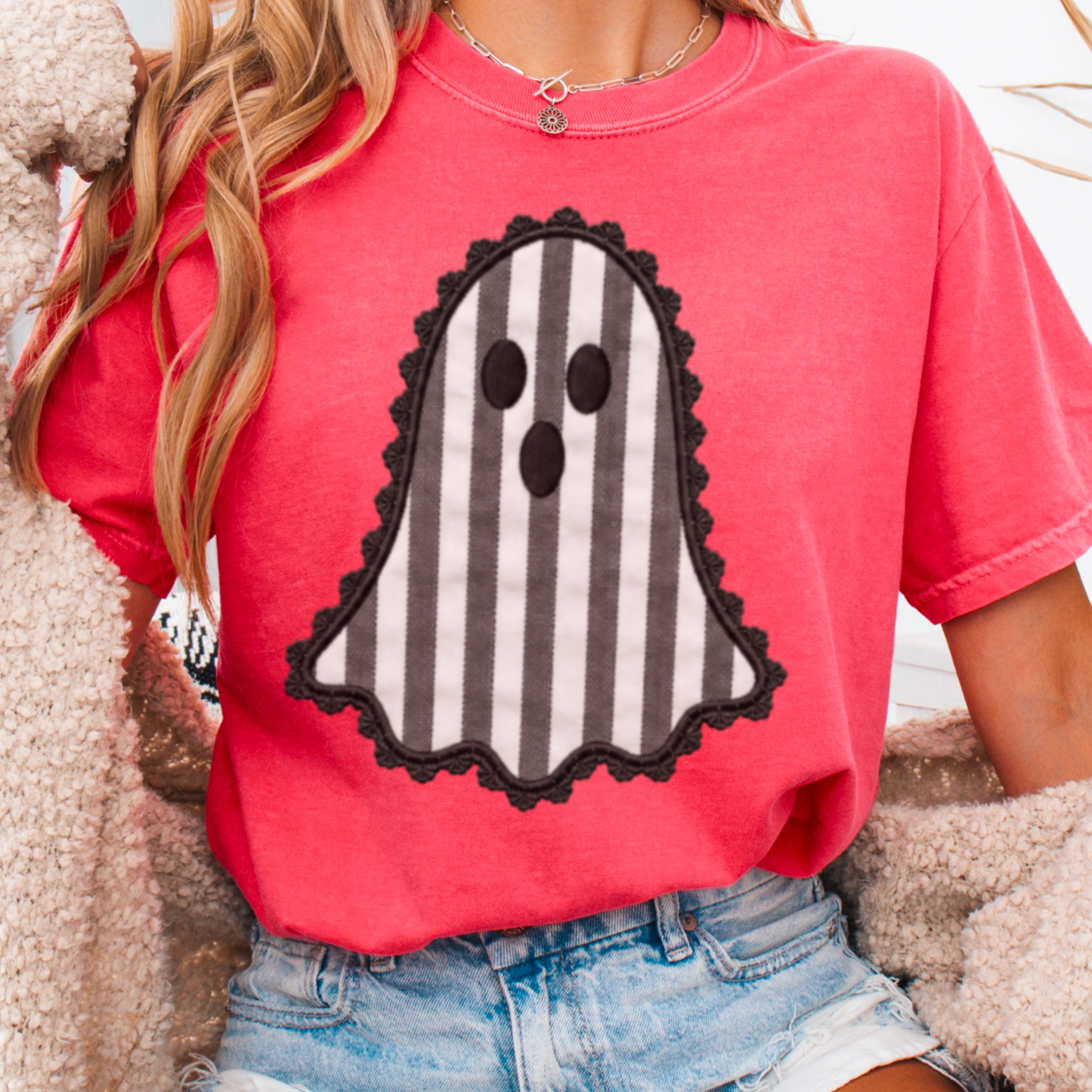 Lace Ghost Halloween Comfort Color Graphic Tee